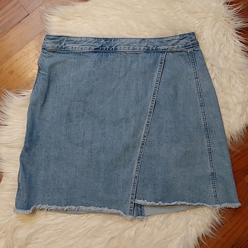 Loft Light Wash Wrap Denim Jean Skirt Frayed Hem